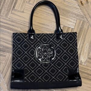 Tory Burch Black Quilted Patent Logo Tote